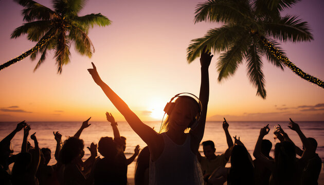 People dance on a beach at sunset, wearing headphones, creating a vibrant and energetic silent disco atmosphere with palm trees silhouetted against the colorful sky.