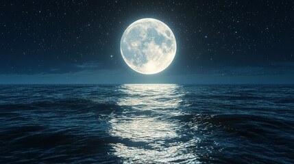Full moon over a calm sea at night