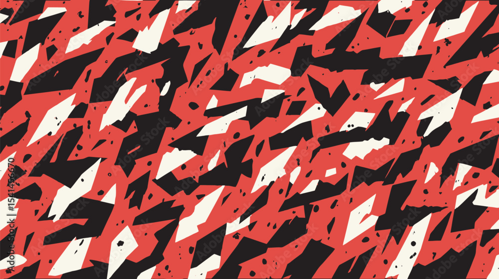 Poster geometric fragments scatter across bold red background creating abstract art