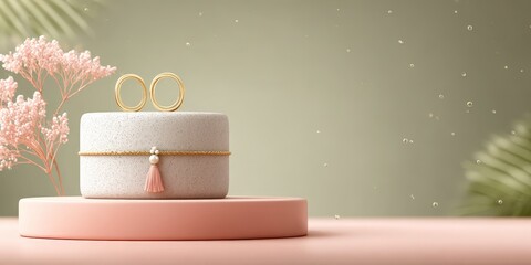 Elegant jewelry display with pearls and gold accents on pastel backdrop