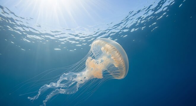 Graceful Portuguese Man O War Jellyfish drifting through sunlight waters creating mesmerizing underwater spectacle