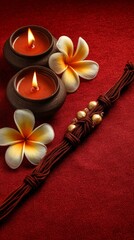 Tranquil candlelit setting with frangipani flowers on red fabric background