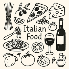 Hand-drawn icons of various Italian foods, including pasta, pizza, and wine, arranged in a colorful vector illustration.
