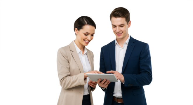 Collaborative Professionals in Suits Pointing at Tablet, Smiling Against White Background PNG