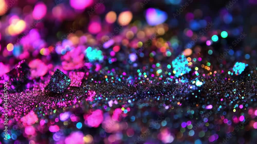 Poster glitter particles shimmer in vibrant colors creating a mesmerizing overlay effect in an artistic bac