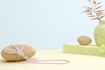 Minimalist pastel decor with ceramic stones and patterned vase in soft lighting