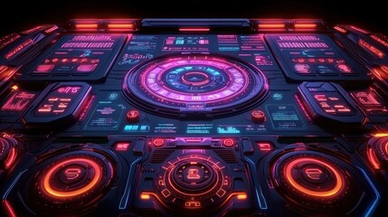 Futuristic control panel with glowing displays.  Neon-lit, dark panels with various circular and rectangular displays, charts, and controls