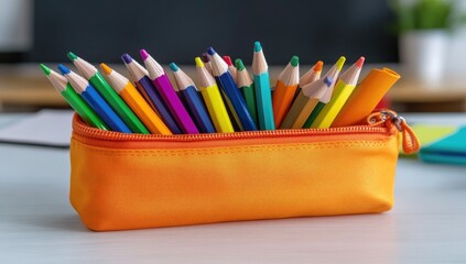 Colorful pencils in an orange pencil case (1)