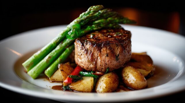 Tender filet mignon served with roasted potatoes and fresh asparagus spears creates a sophisticated and delicious culinary experience for fine dining enthusiasts. - Powered by Adobe