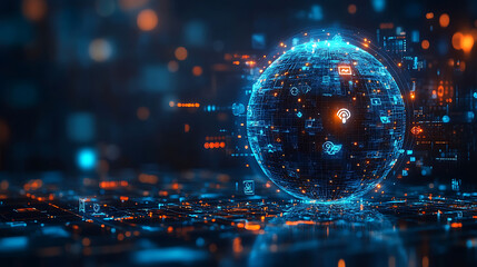Fototapeta premium Futuristic digital globe with glowing data connections and technology elements in a vibrant background