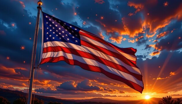 an american flag on a pole against the backdrop of a dramatic sunset with clouds, featuring vibrant hues that transition from warm to cool tones across the sky