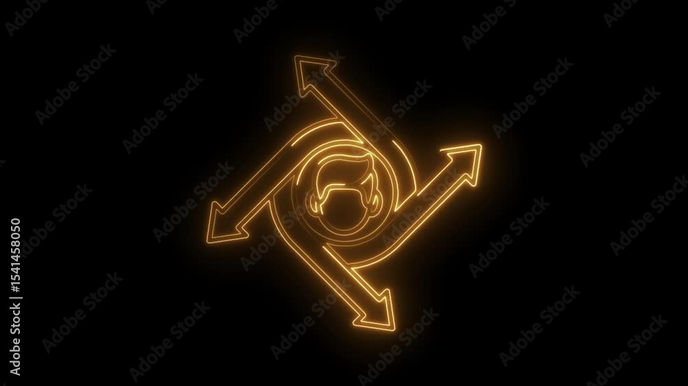 Poster animated neon man in circle with arrows rotating against black background for technology concepts