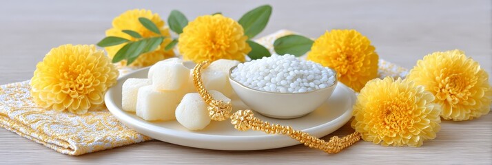 Traditional indian festival setting with marigolds, sweets, and beads on a wooden table