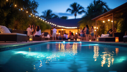 A vibrant pool party at dusk features colorful lights, people socializing, and palm trees, creating a lively and festive atmosphere.