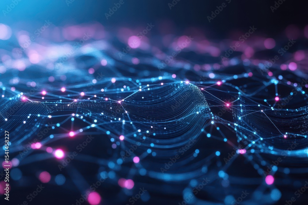 Poster glowing blue and pink nodes connected by lines on a dark wavy surface. perfect for illustrating comp
