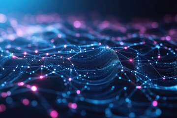 Glowing blue and pink nodes connected by lines on a dark wavy surface. Perfect for illustrating complex data, networking, or abstract technology.