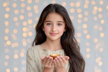 Young asian female child holding a golden diya with bokeh lights in the background