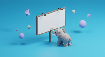 3D Render of an Elephant Holding a Billboard with Geometric Shapes in the Background