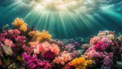 Naklejka premium Vibrant coral reef bathed in sunlight