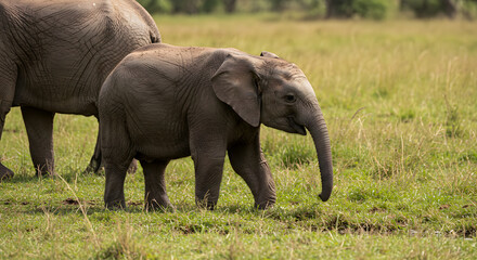 A baby elephant walking on a grassy field with a bigger elephant near it