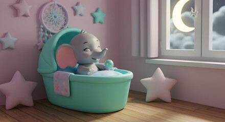 A cute 3D illustration of a baby elephant in a crib at night