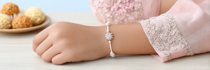 Asian child wearing elegant floral bracelet on embroidered pink clothing