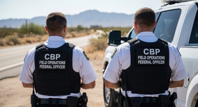 CBP Field Operations Officers Standing by Customs and Border Protection Truck in Desert