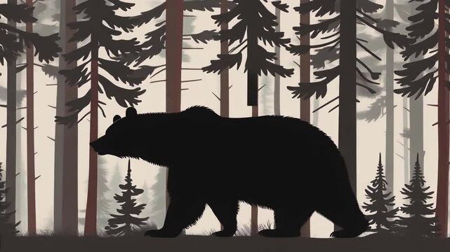 Black silhouette loop animation of a bear walking slowly through a pine forest.