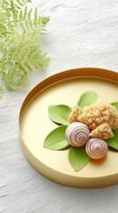 Elegant gold tray with decorative shells and coral on green leaf arrangement