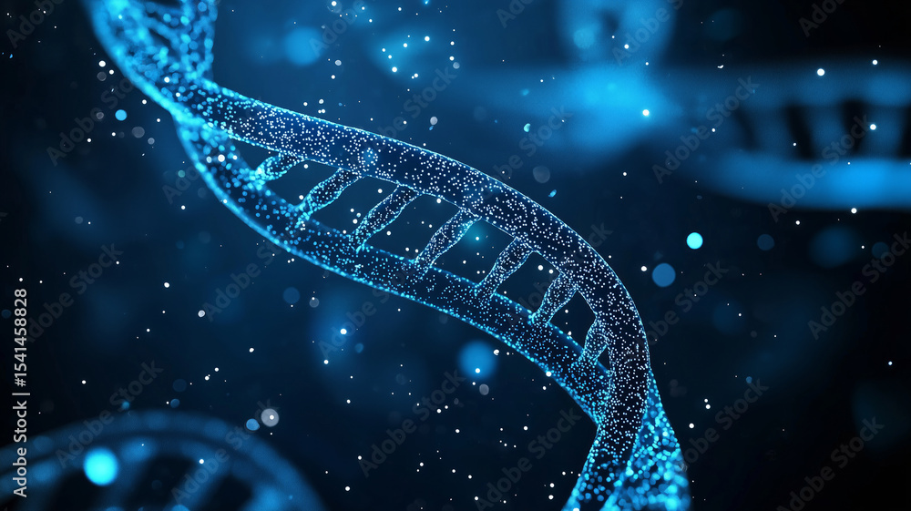 Poster dna close-up on dark blue background. view under the microscope. generative ai