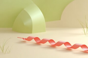 Abstract pastel composition with wavy coral element and soft green arch