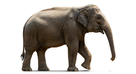 A majestic elephant gracefully walking against a clean white background
