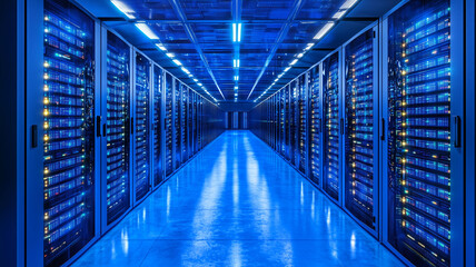 Dark colorful servers center room with computers and storage systems. Generative ai