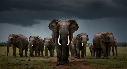 A majestic herd of elephants walking towards the viewer under a dark cloudy sky