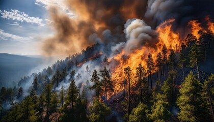 Fire engulfing dense forest under a darkening sky, creating a dramatic and hazardous atmosphere