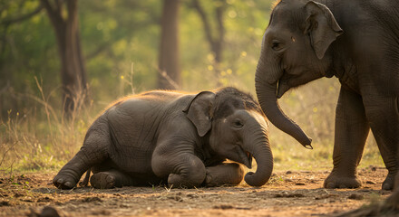 A Tender Moment: Mother Elephant and Baby Elephant in a Forest Setting