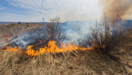 Fire burns through dry grassland, consuming vegetation and altering the landscape