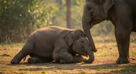 A tender moment: Mother elephant comforting her baby in the wild