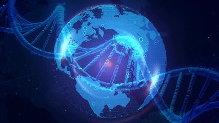 Digital DNA Helix Overlay on Global Map with Blue Circuit Background - Powered by Adobe