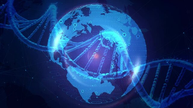Digital DNA Helix Overlay on Global Map with Blue Circuit Background - Powered by Adobe