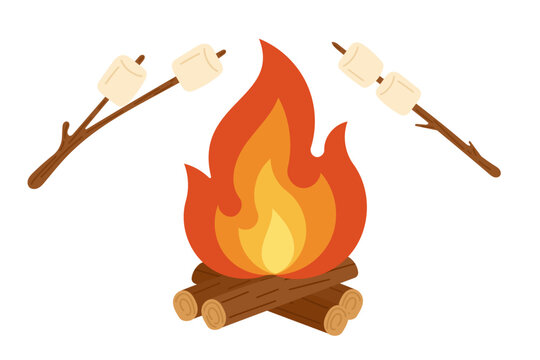 Campfire with marshmallows on sticks. Cozy camping scene with burning bonfire made of wooden logs and two sticks roasting marshmallows over the flames. Flat vector design in warm, natural colors.