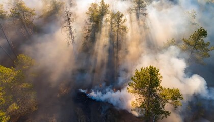 Firefly forest blaze under sunlight creates dramatic contrast in the sky and smoke