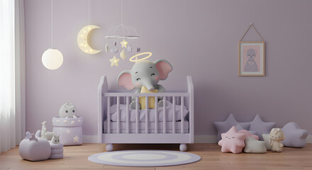 Adorable 3D Render of a Nursery Room with an Elephant and Baby Crib