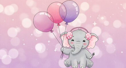 Adorable Cartoon Elephant Holding Balloons in a Cute and Whimsical Illustration