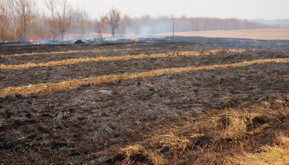 Fire damage in field and meadow with lingering smoke from recent burning activity in agricultural area