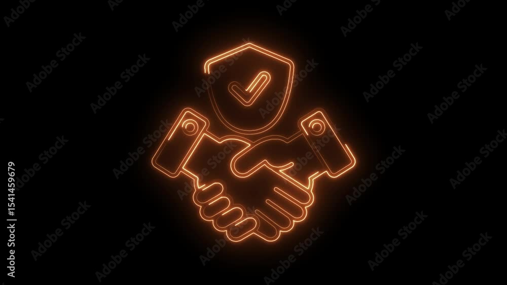 Poster neon glowing handshake with shield and checkmark signifying agreement trust and security