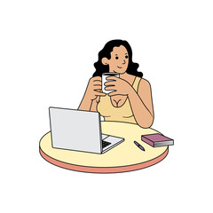 A woman is working and enjoying a cup of coffee.eps
