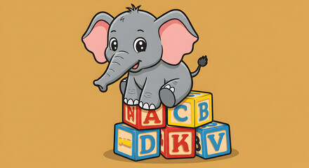 Adorable Cartoon Elephant Sitting on Alphabet Blocks, Educational Concept