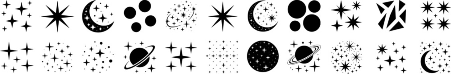 Black Celestial Icons Set Stars Moons Planets vector