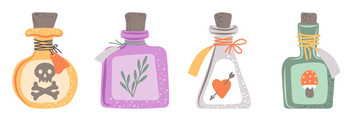 Hand drawn potion bottles set. Magical liquid potion, poison, love elixir. Elements for Halloween decorative design. Vector illustration